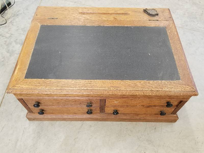 lot 72 image: Vintage Student Desk with Inkwell, 4 Drawers, Lift-Up Top,