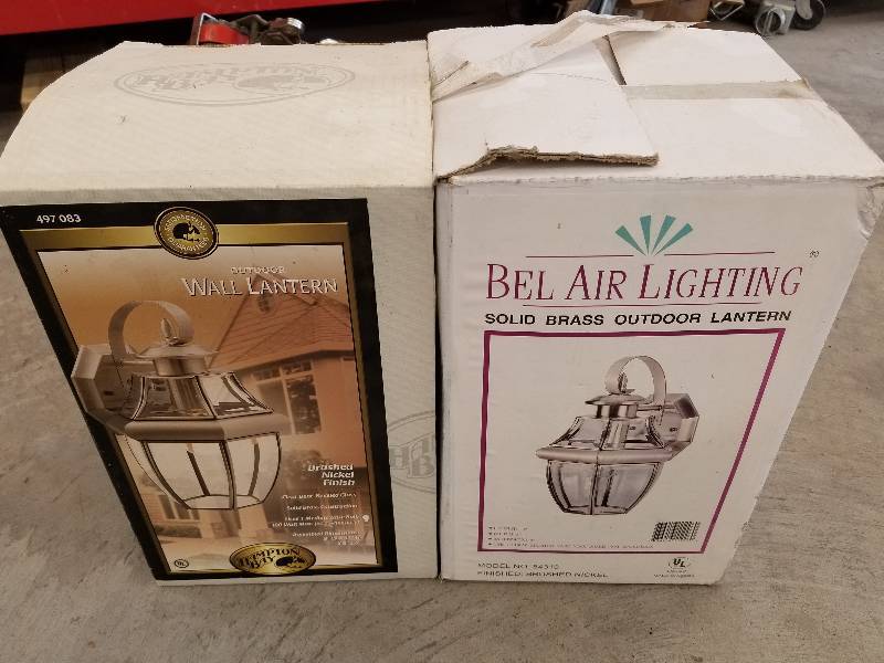 lot 76 image: Lot - Hampton Bay Outdoor Wall Lantern & Bel Air Solid Brass Outdoor Lantern