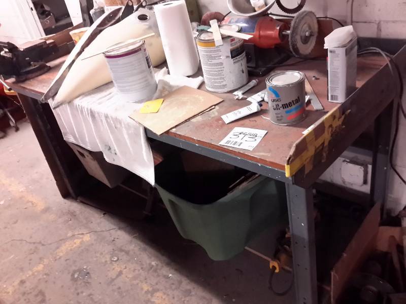 lot 313 image: Industrial work bench w wood top