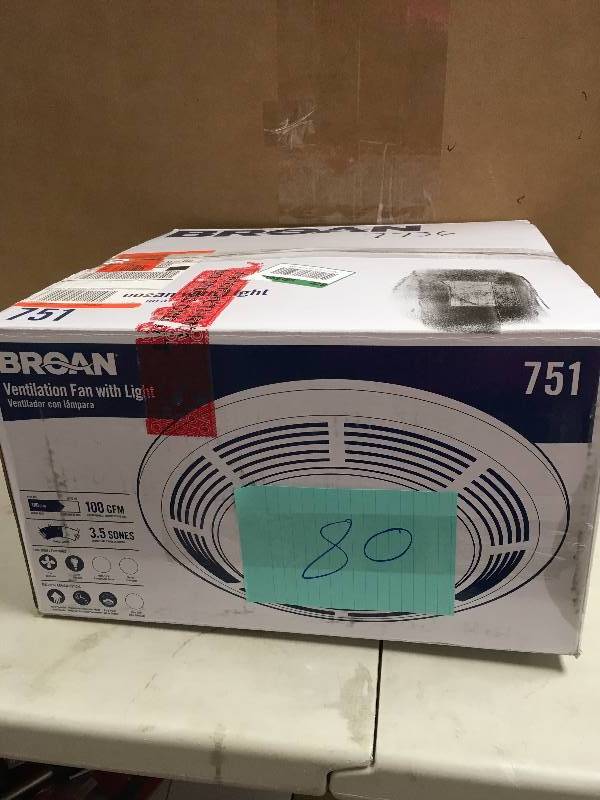 lot 80 image: 100 CFM Ceiling Exhaust Bath Fan with Light never used in box