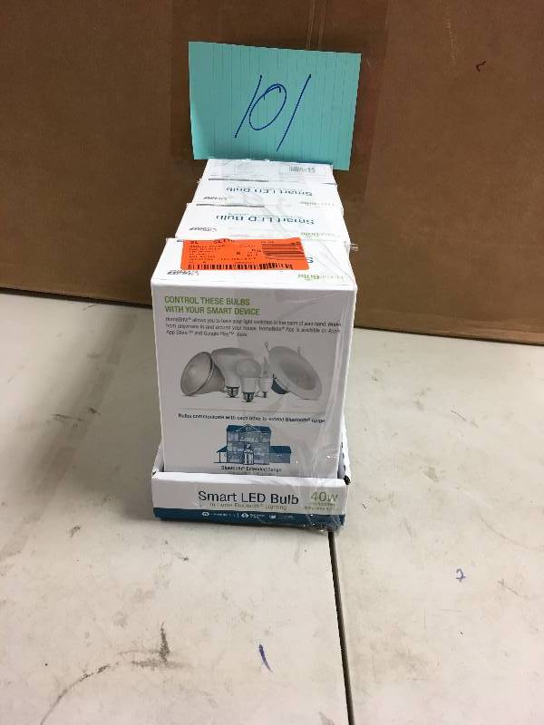lot 101 image: Feit HomeBrite B10 40-Watt Bluetooth Smart Led Dimmable Light Bulb Bent Tip Candelabra Base 3000K - Soft White never used in box total of 4