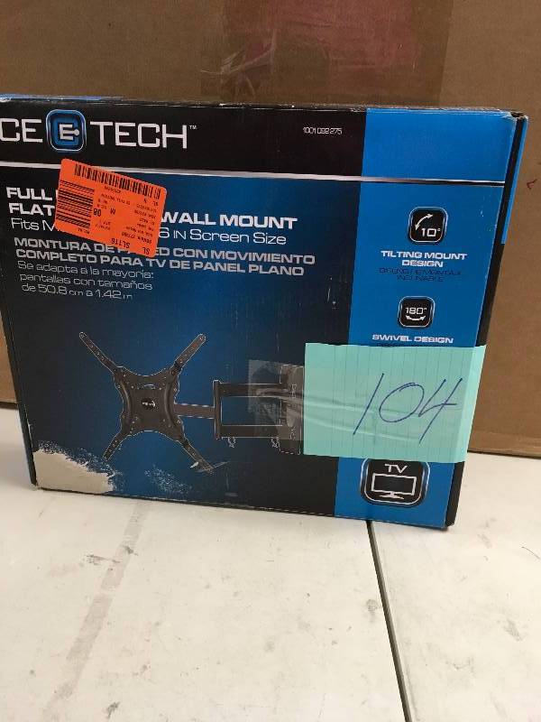 lot 104 image: Space Saver 60564 Full Motion Wall Mount for Flat Panel TV, Black in box