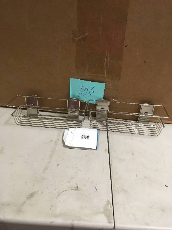 lot 106 image: Command Shower Caddy, Satin Nickel, 1 Caddy, 1 Prep Wipe, 4 Large Water-Resistant StripsPack, Silver no box