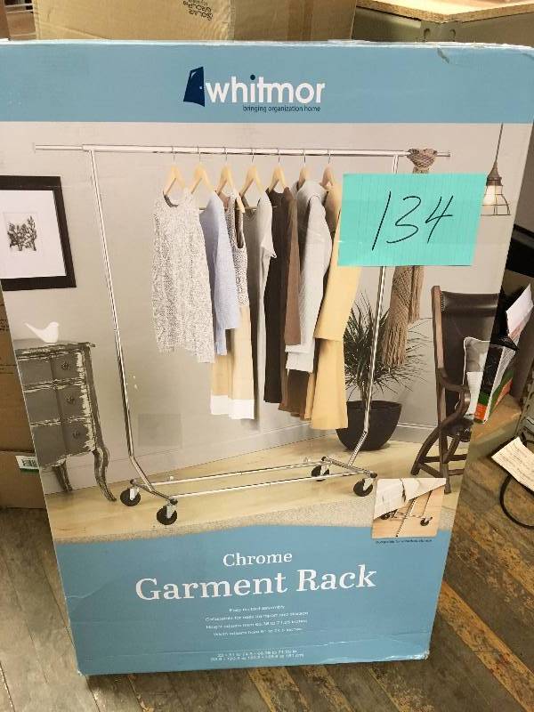 lot 134 image: Whitmor Adjustable Rolling Garment Rack never used in box