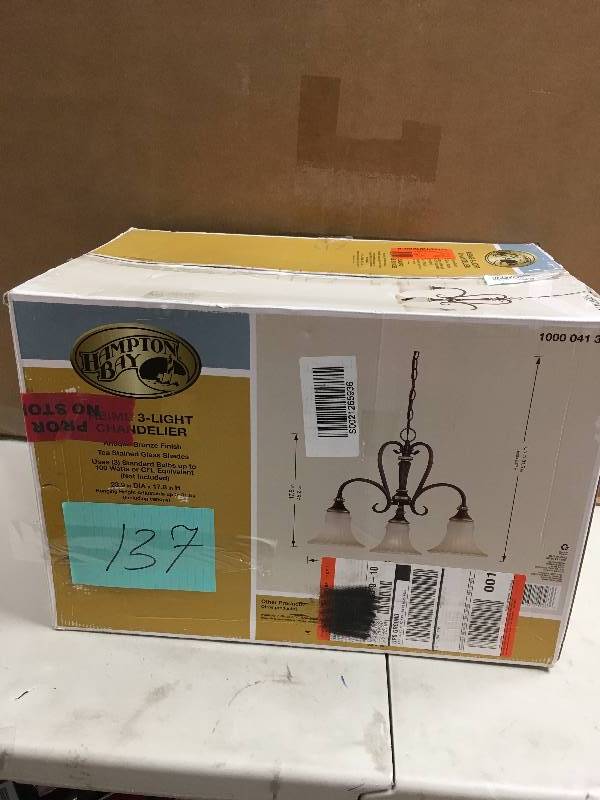 lot 137 image: Hampton Bay Reims Collection 3 Light Chandelier 1000 041 386 never used in box