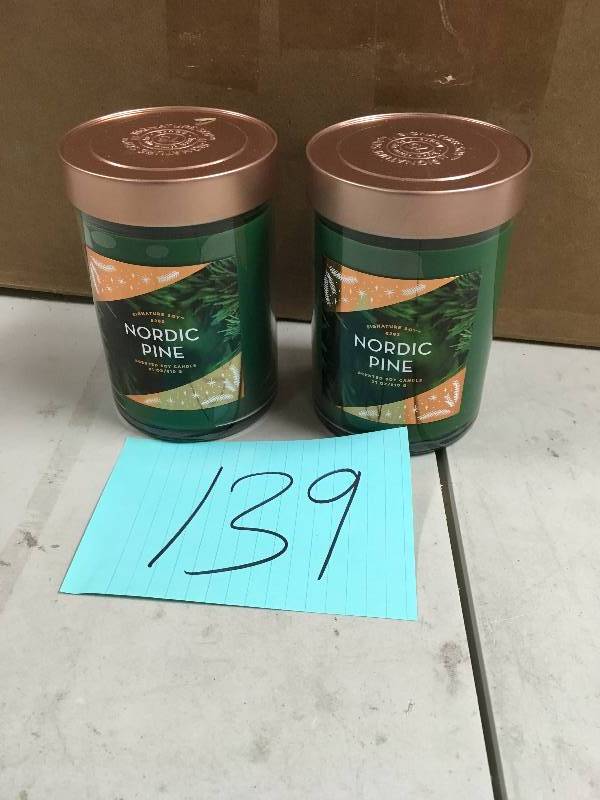 lot 139 image: Signature Soy Nordic Pine Scented Soy Candle, 21 oz. never used toal of 2