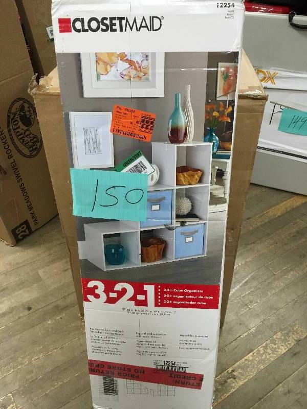 lot 150 image: ClosetMaid 12254 36 in. W x 36 in. H White 3-2-1-Cube Organizer never used in box