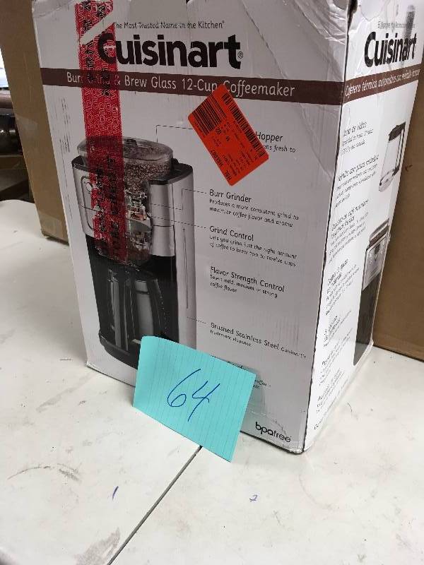 lot 64 image: Cuisinart Grind & Brew DGB-700BC 12-Cup Coffee Maker and Grinder used in box good condition