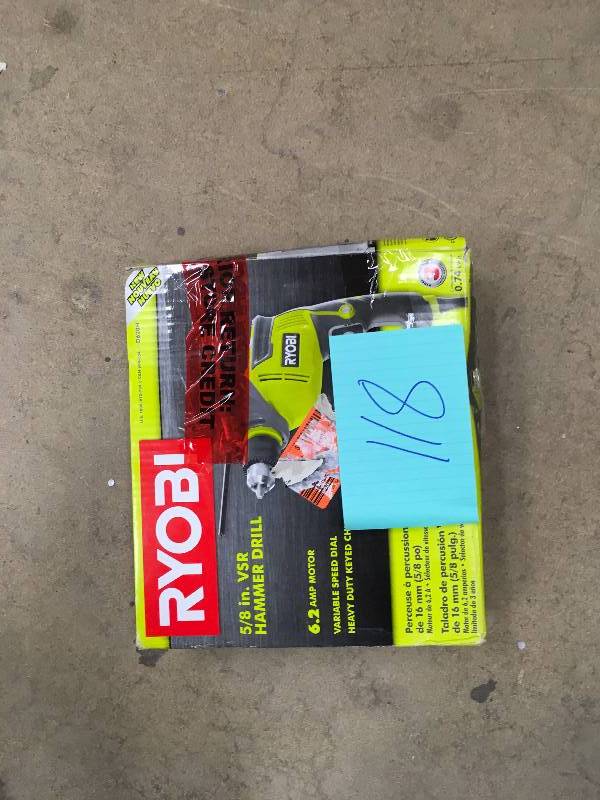 lot 118 image: Ryobi D620h 58 Corded Vsr Hammer Drill 6.2 Amp Heavy Duty Keyed in box good condition working