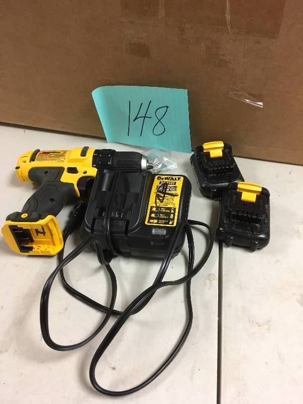 lot 148 image: DEWALT 12-Volt Max 38-in Cordless Drill with batteries and charger in box good working condition