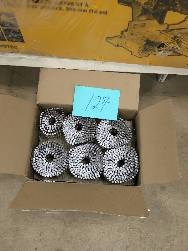 lot 127 image: Dewalt 2-12 in. x 0.099 in. Metal Coil Nails 3600 per Box