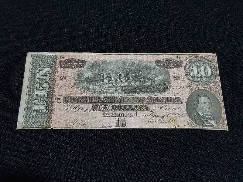 lot 4 image: 1864 US Confederate $10 Noe - XF Condition (US Paper Guide Lists value at $45-$60)