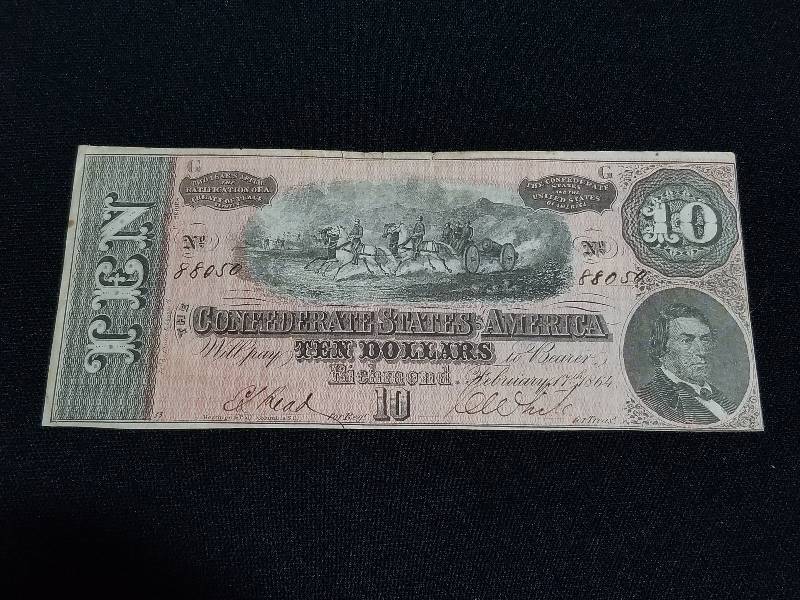 lot 5 image: 1864 EF US Confederate States Region G $10 Note (US Paper Guide Lists value at $45-$65)