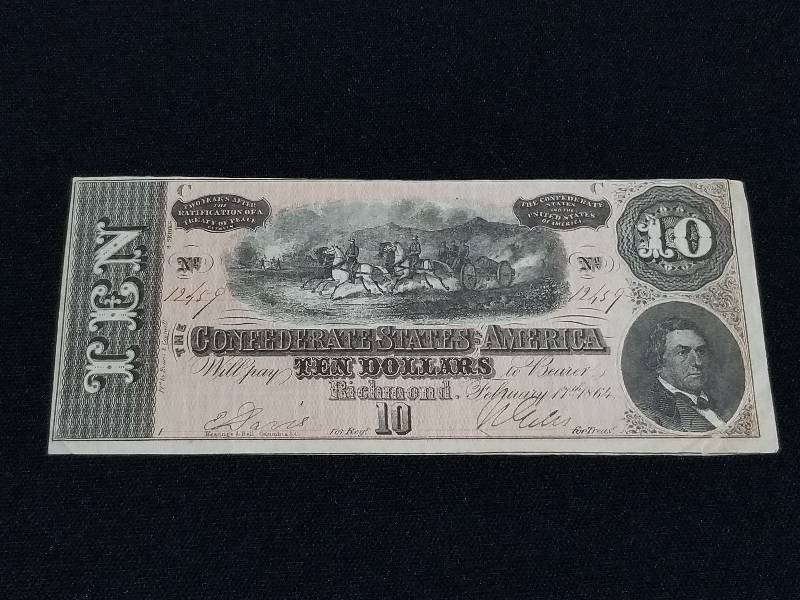 lot 6 image: 1864 F US Confederate States Region C $10 Note (US Paper Guide Lists value at $50-$70)