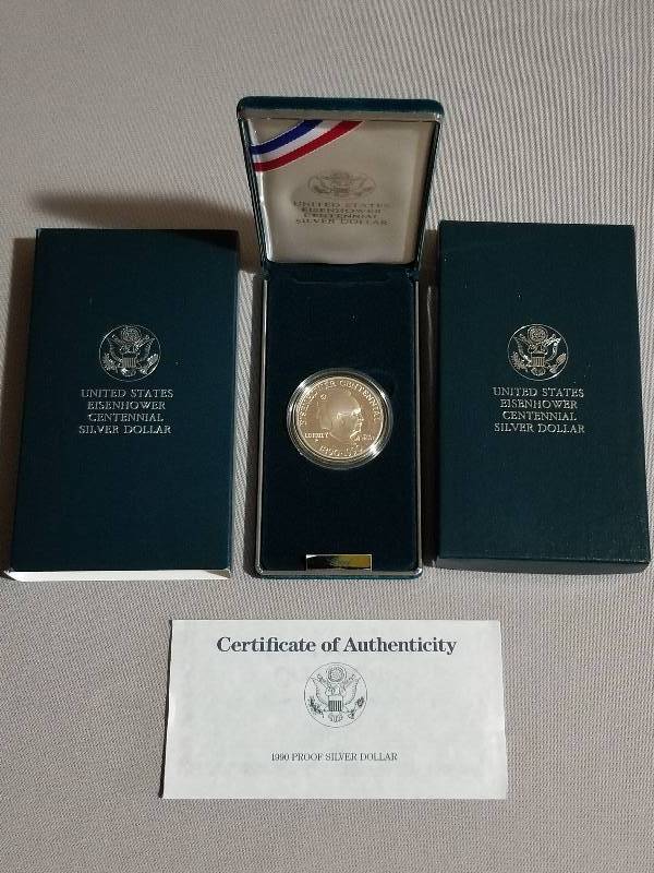 lot 69 image: 1990 US Eisenhower Centennial SILVER Dollar, 90% Silver, Original Box & COA