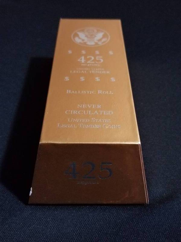 lot 71 image: 2008P Ballistic Roll of Uncirculated Presidential Dollars, Still Sealed in Tube, $50 Face Value, Brilliant Uncirculated