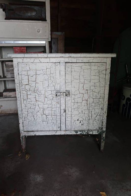 OLD WOODEN CABINET, LATCHES WORK