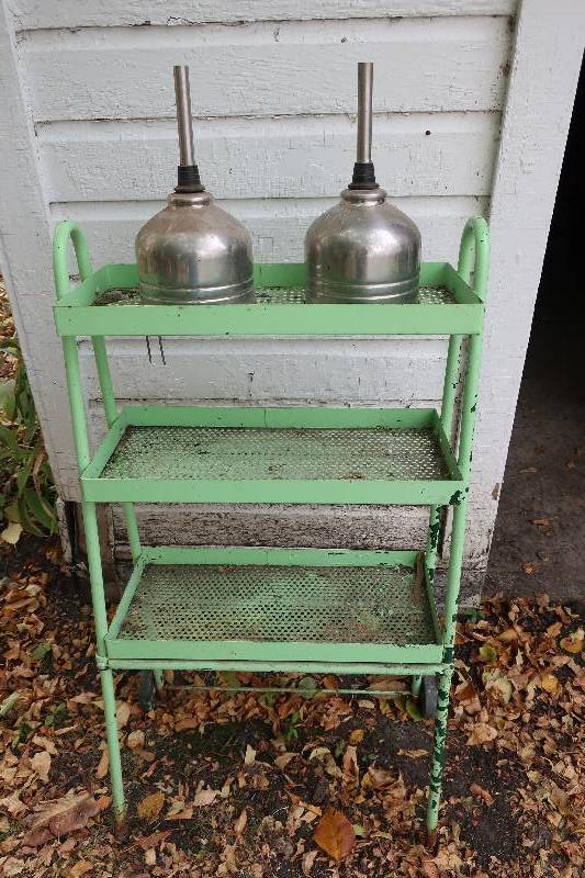 METAL CART WITH WHEELS AND TWO METAL FUNNELS