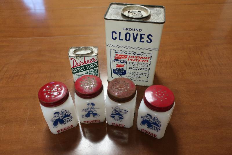 VINTAGE SPICE TINS AND DUTCH SALT, PEPPER AND SUGAR SHAKERS
