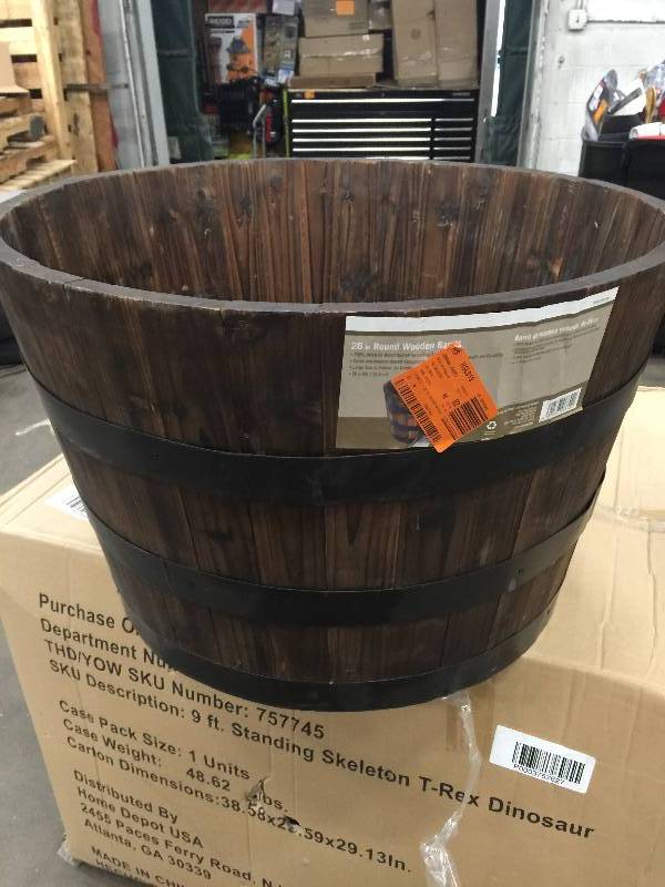 lot 12 image: 26 in. Round Wooden Barrel Planter