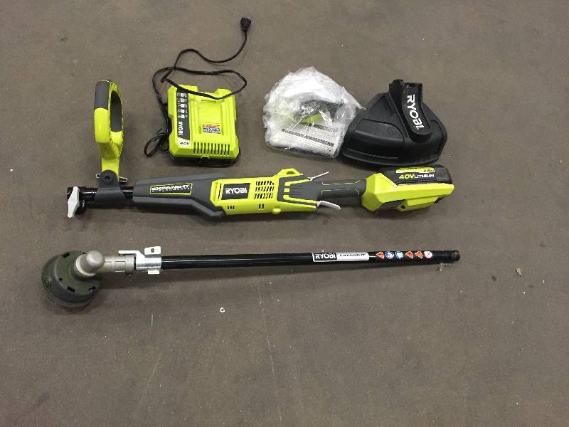 lot 32 image: Ryobi 40-Volt Lithium-Ion Cordless Attachment Capable String Trimmer - 2.6 Ah Battery and Charger Included