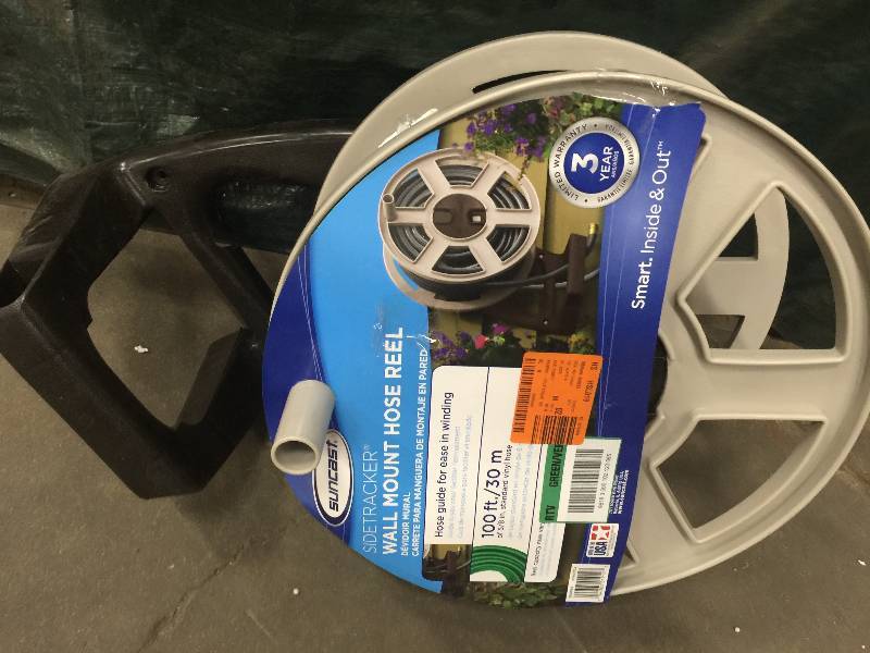 lot 41 image: Suncast 100 ft. Side Tracker Wall Mount Hose Reel open box never used