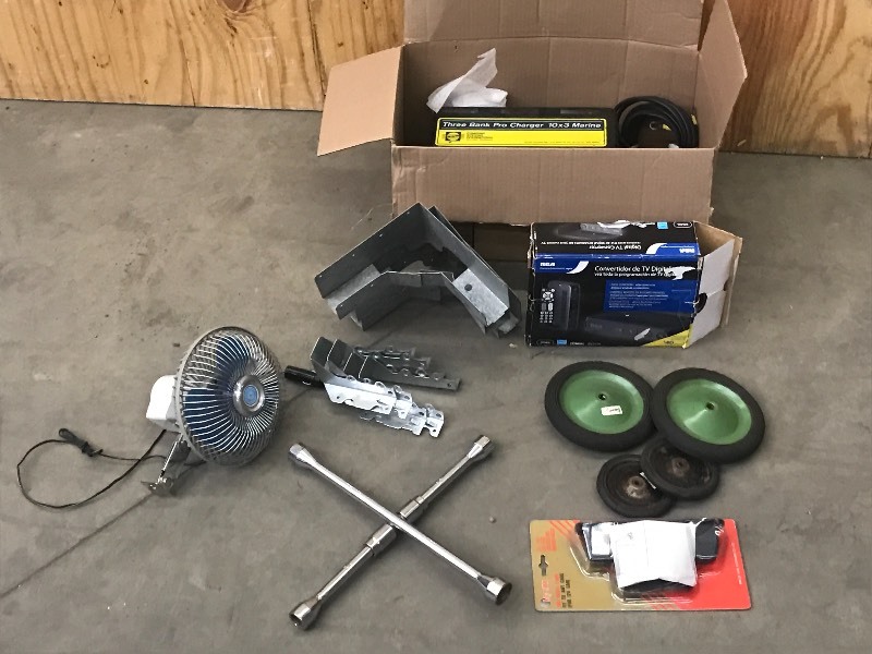 lot 83 image: Box Of Assorted Brackets, Tire Wre...