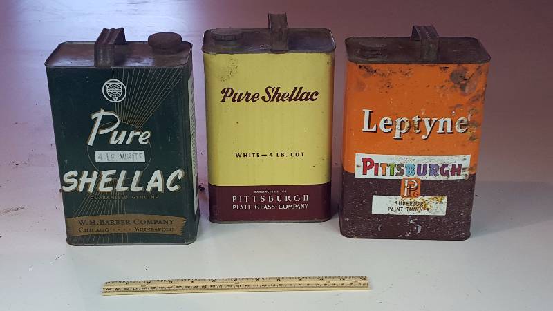 lot 205 image: (3) Pittsburgh & Barber Shellac & Paint Thinner Cans