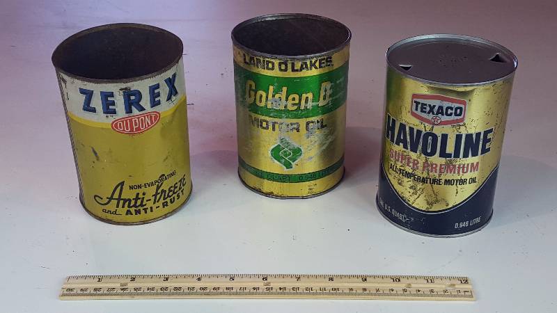 lot 212 image: (3) DuPont Zerex, Land O Lakes Golden D, Texaco Havoline Oil Cans