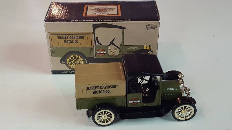 lot 327 image: Liberty Harley Davidson 1916 Studebaker Pickup Die Cast Coin Bank