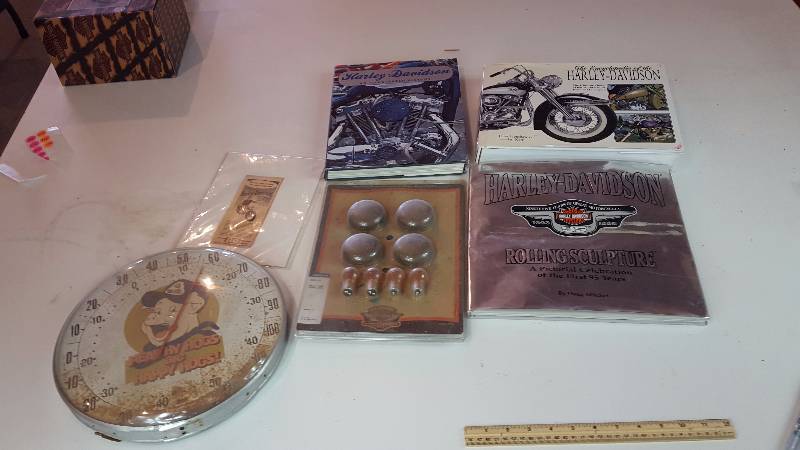 lot 340 image: Harley Davidson Thermometer, Books, Signal Lens, Etc.
