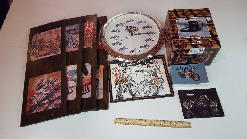 lot 341 image: Harley Davidson Wall Art, Clock, Boot Mug, Books, Etc.