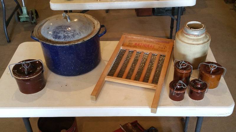 lot 192 image: Covered Bean Pots, National Washboard, Water Crock, Etc.