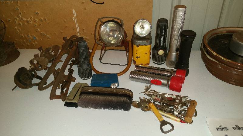 lot 164 image: Group of Vintage Flashlights, Ice Skates, Can Openers, Etc.