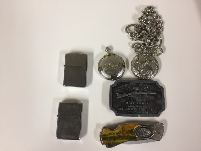 lot 18 image: 2 Zippos, 2 Pocket Watches, Knife, Belt Buckle