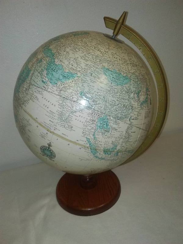 lot 45 image: Crams Imperial Tan World Globe Wood Stand Cold War Era USSR Yugoslavia Home Office Dcor
