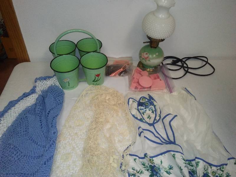 lot 57 image: Vintage Lot Hobnail Electric Lamp, Marx Doll Furniture and more