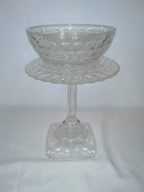 lot 70 image: Yard  Garden Art Pedestal Glass Bird Feeder, Bird Bath, or serving bowl