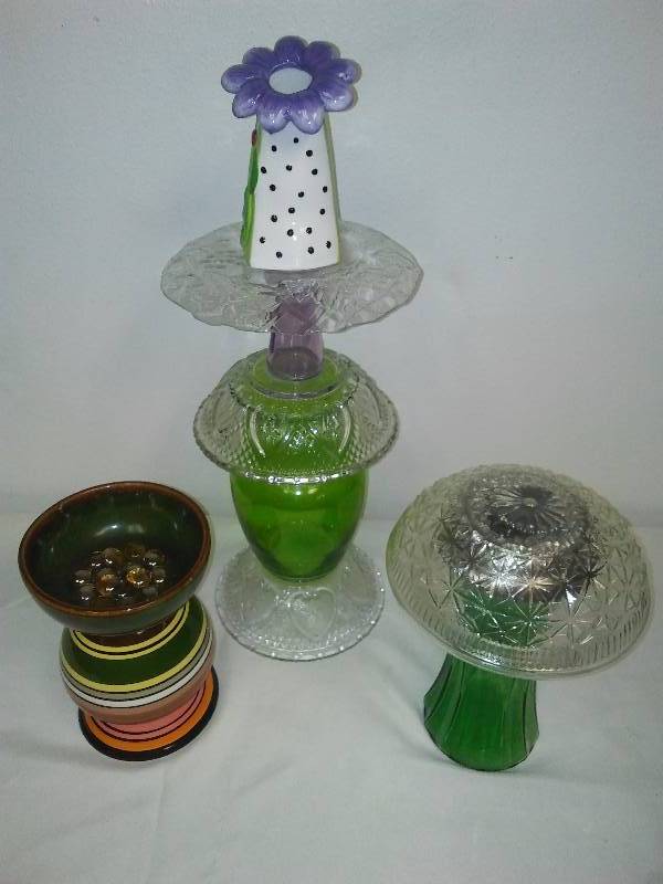 lot 71 image: Yard  Garden Art (3) Solar Mushroom, Butterfly bath and garden glass display