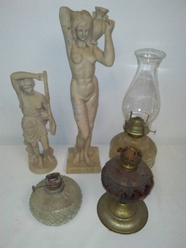 lot 40 image: Vintage Soapstone Sculptures (2) and Kerosene Lamps (3)