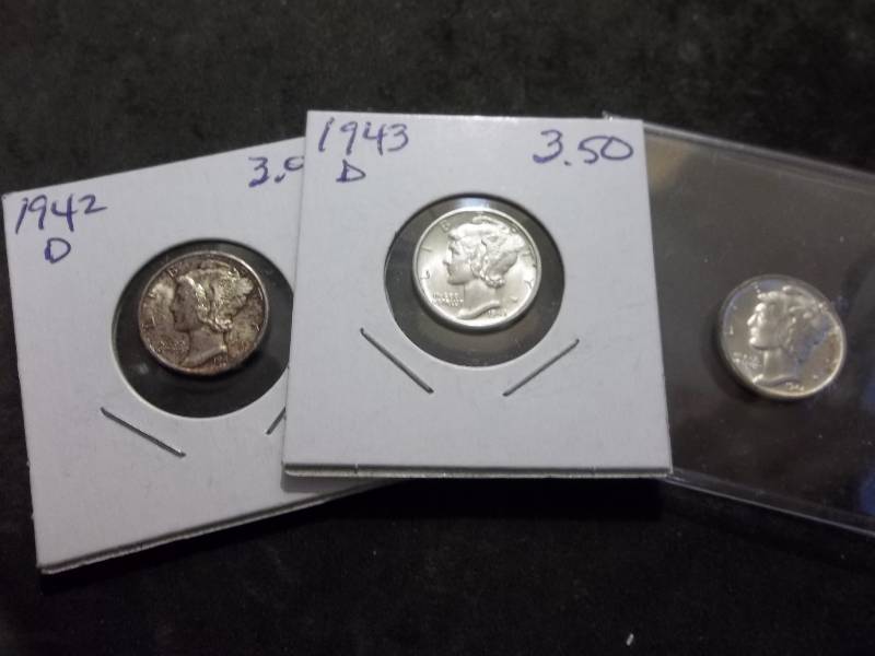 1942 D,  1943 D, 1944  Mercury Dimes
