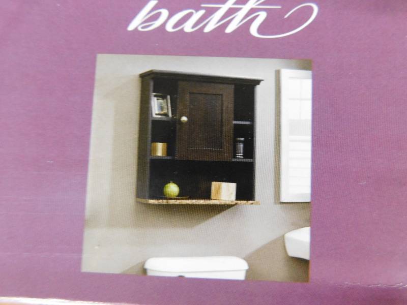 lot 261 image: Peppercorn Wall Cabinet wGranite Accent, MSRP $74.99