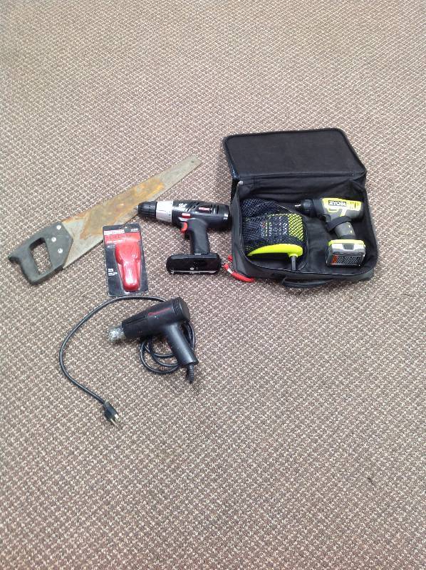 lot 55 image: Lot of tools, Milwaukee Heat Gun, Ryobi Drill, Hand Saw, Stud Finder, Craftsman Drill