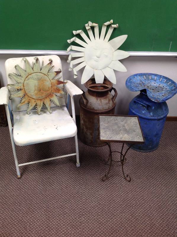 lot 60 image: Vintage Metal Lawn Chair, Two Milk Cans, One with Tractor Seat, Stand and Art Work