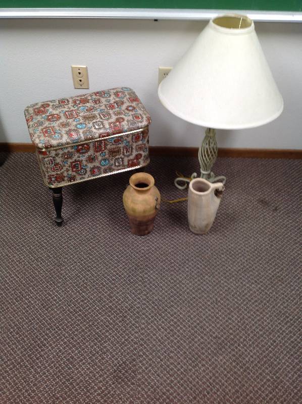 lot 65 image: Sewing Stool, Lamp and two Clay pots