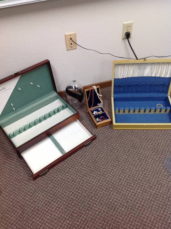 lot 84 image: Two Silverware Cases, A Jewelry Case With Jewelry inside, and a Glass Egg