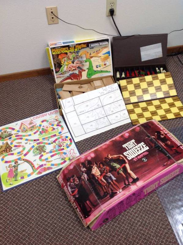 lot 93 image: Games, Candy Land Board, Chess Set with board and case, Tight Squeeze and monsters and myths wood toy maker set