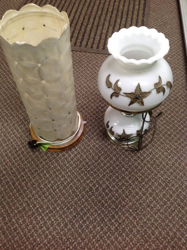 lot 106 image: Two Lamps, one Capiz and one Hurricane lamp