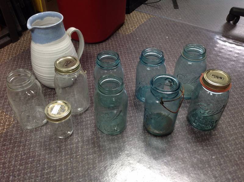 lot 121 image: Vintage- Seven Blue Mason Ball Jars and Three Clear Glass Mason Ball Jars & pitcher