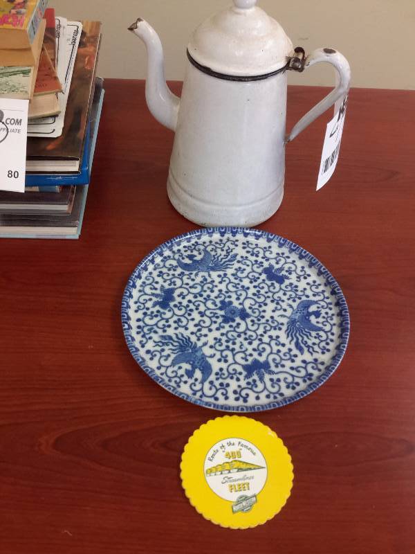 Enamel Coffee pot  Blue DELFT LIKE plate,  FAMOUS 400 streamliner Fleet paper coasters